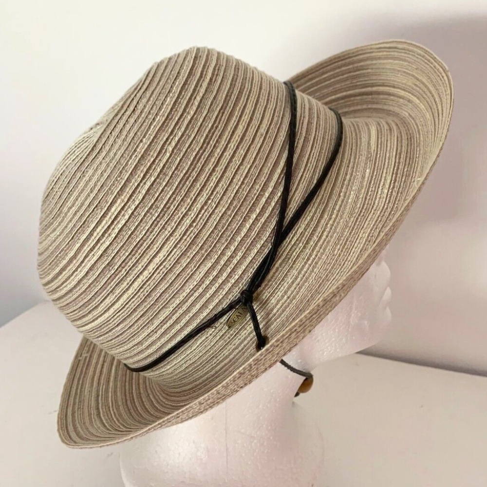 *FIRM PRICE* Scala gray and tan woven hat with leather strap and drawstring inte